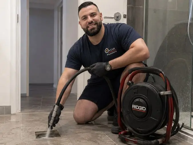 Plumber cleaning an indoor floor drain, Mentone