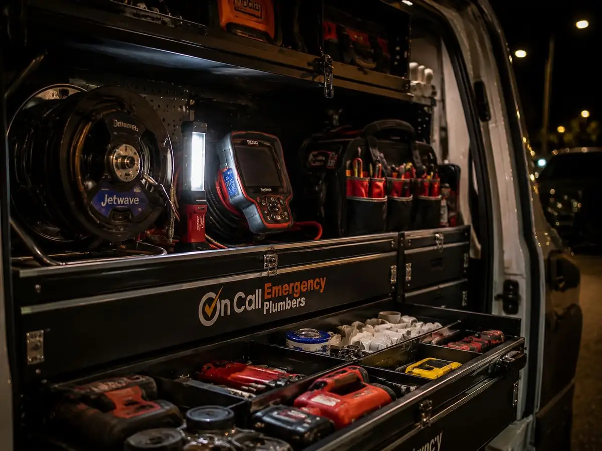 Drain cleaning tools stored in a service vehicle, Mentone