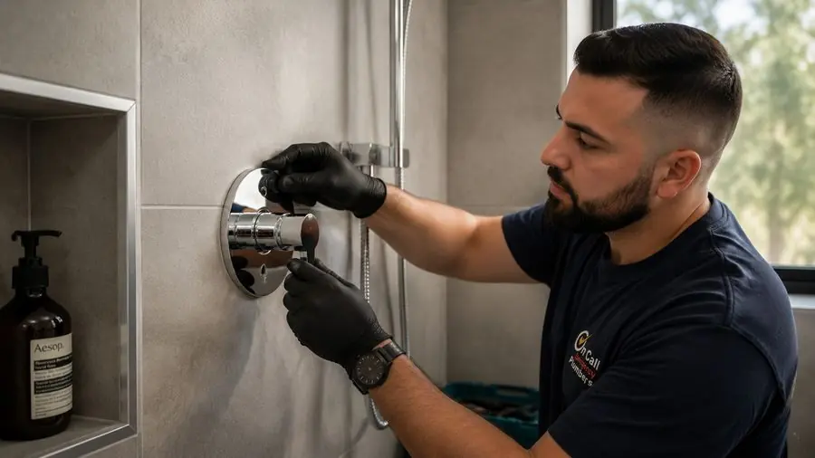 Plumber repairing shower taps, Mentone