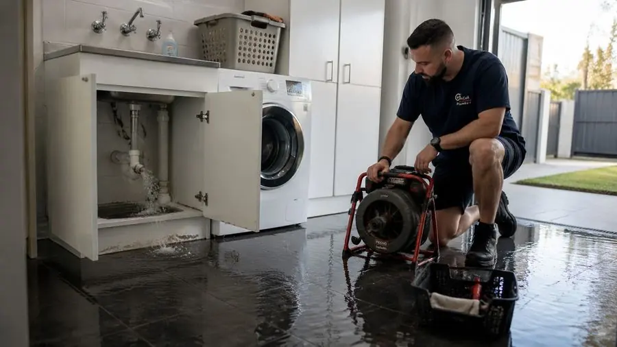 Plumber assessing a kitchen drainage problem, Mentone
