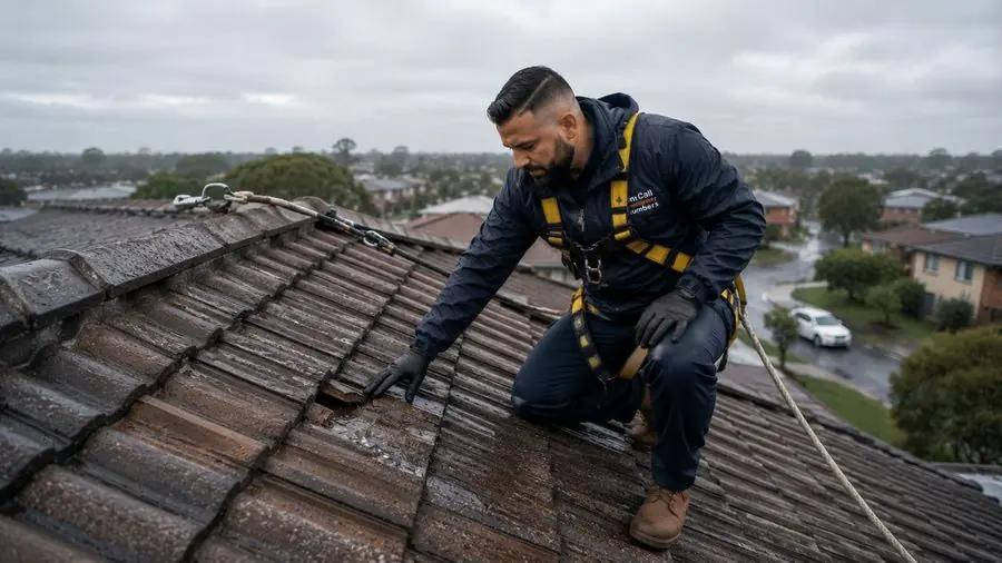 Plumber inspecting roof drainage, Mentone